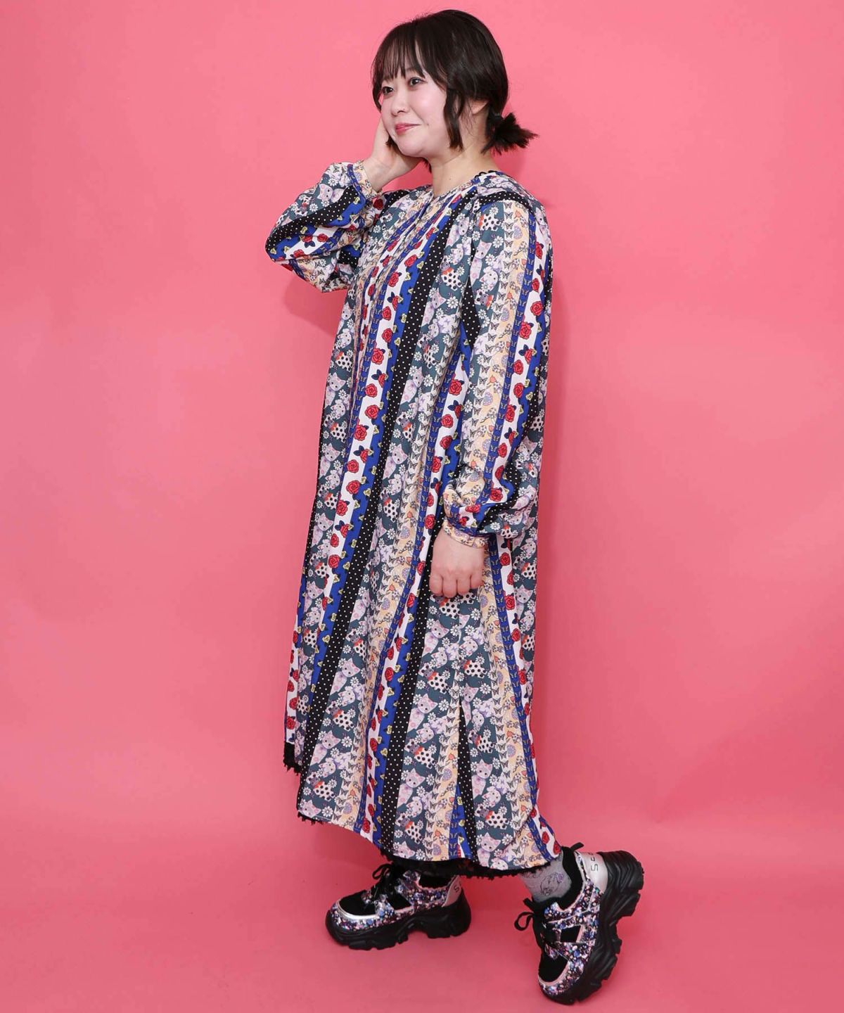 ストライプ総柄前開きシャツワンピース-12