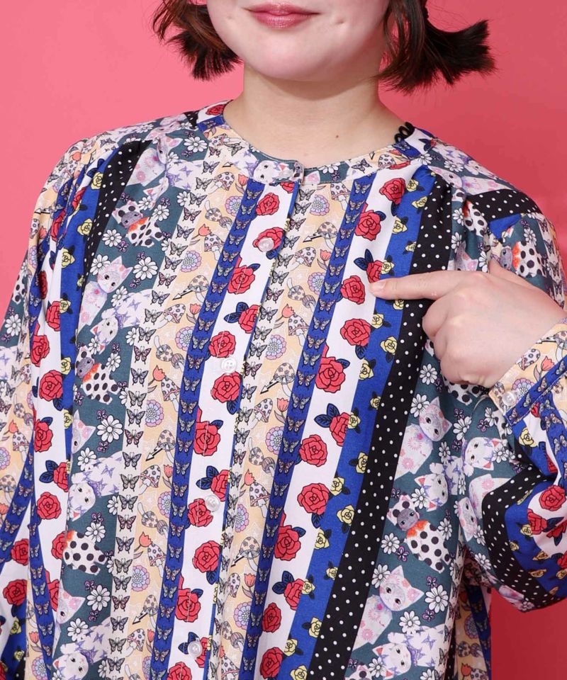 ストライプ総柄前開きシャツワンピース-15