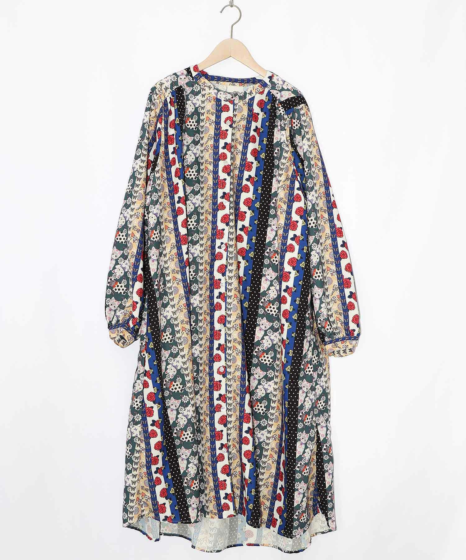 ストライプ総柄前開きシャツワンピース-16