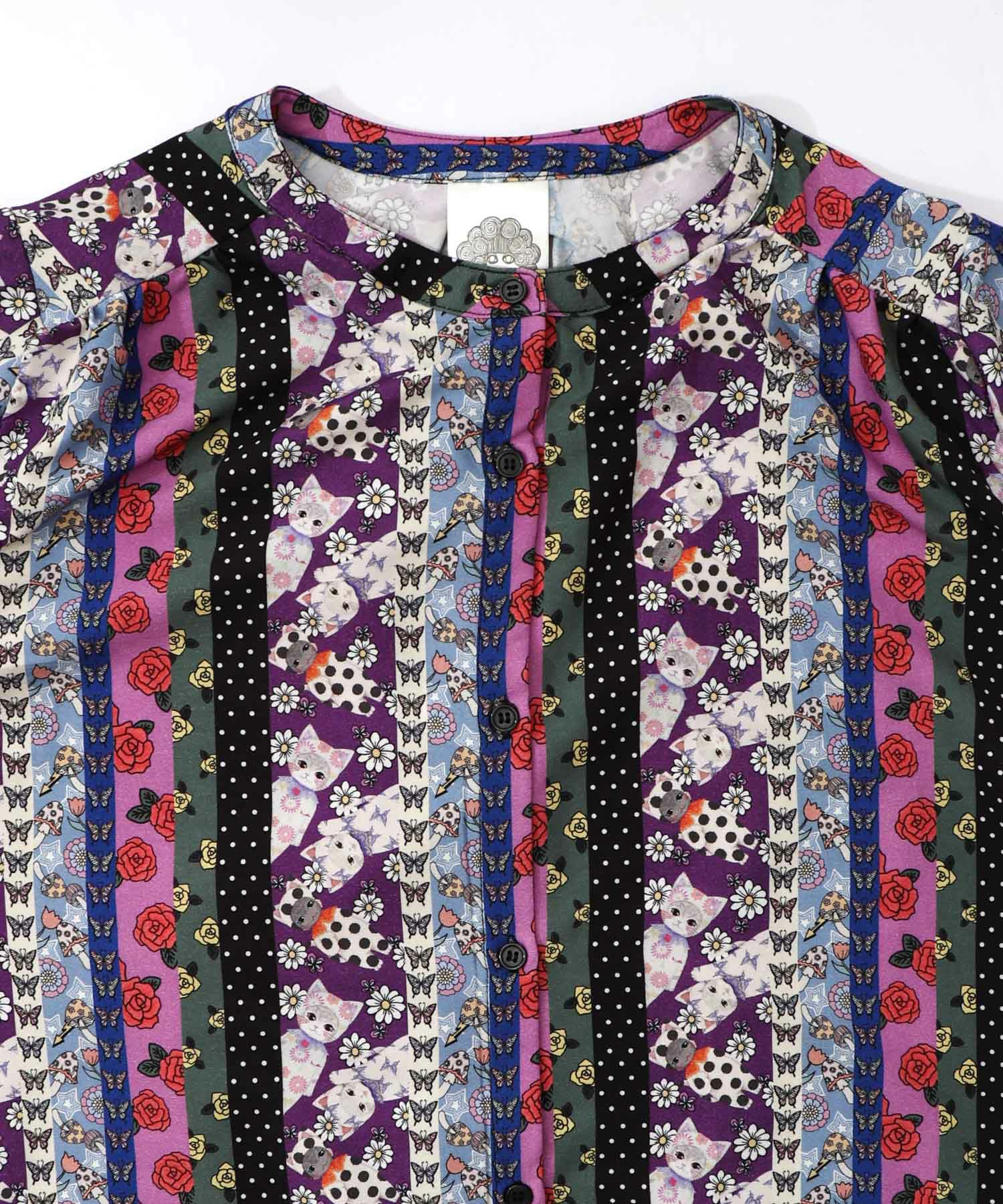 161611：ストライプ総柄前開きシャツワンピースの通販-ScoLar 