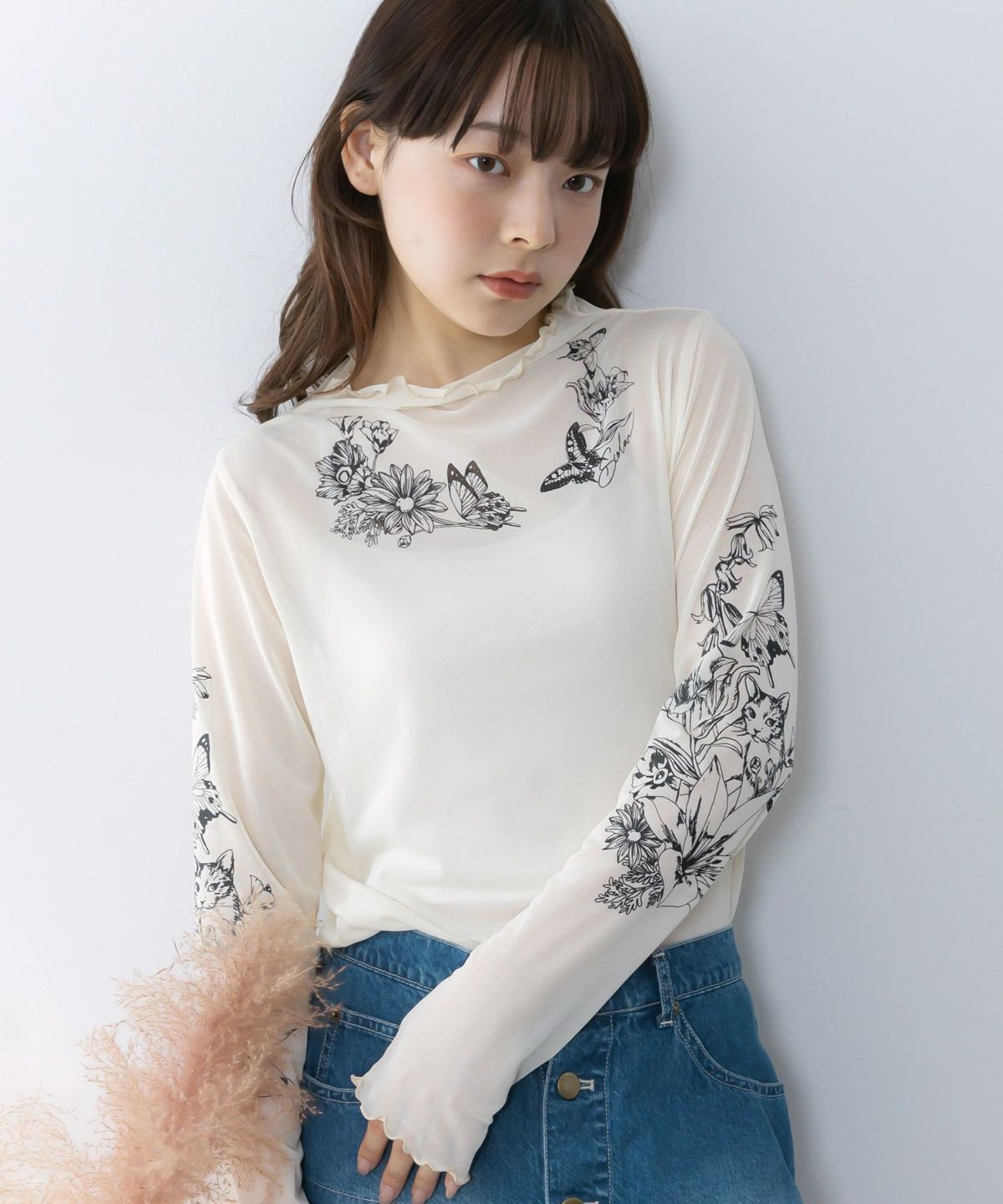 アンティーク風花蝶プリント ソフトチュールインナー-1