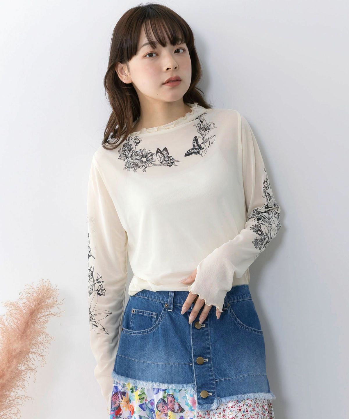 アンティーク風花蝶プリント ソフトチュールインナー-2