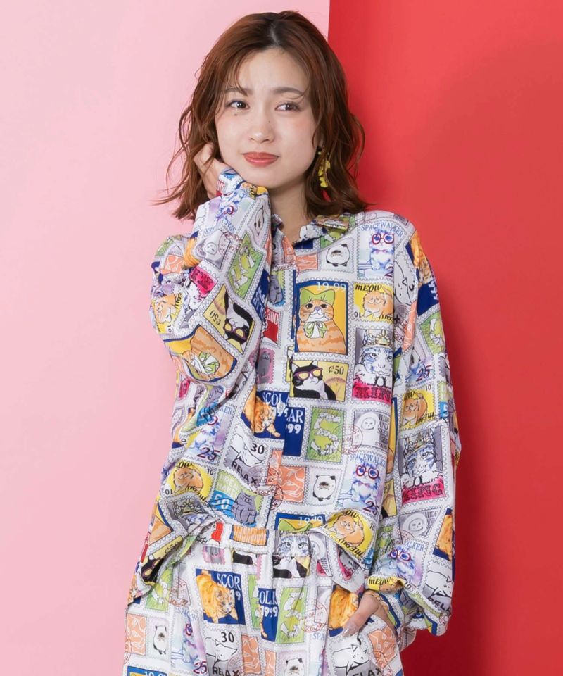 わんorにゃんスタンプ柄 ワッシャーシャツ-1