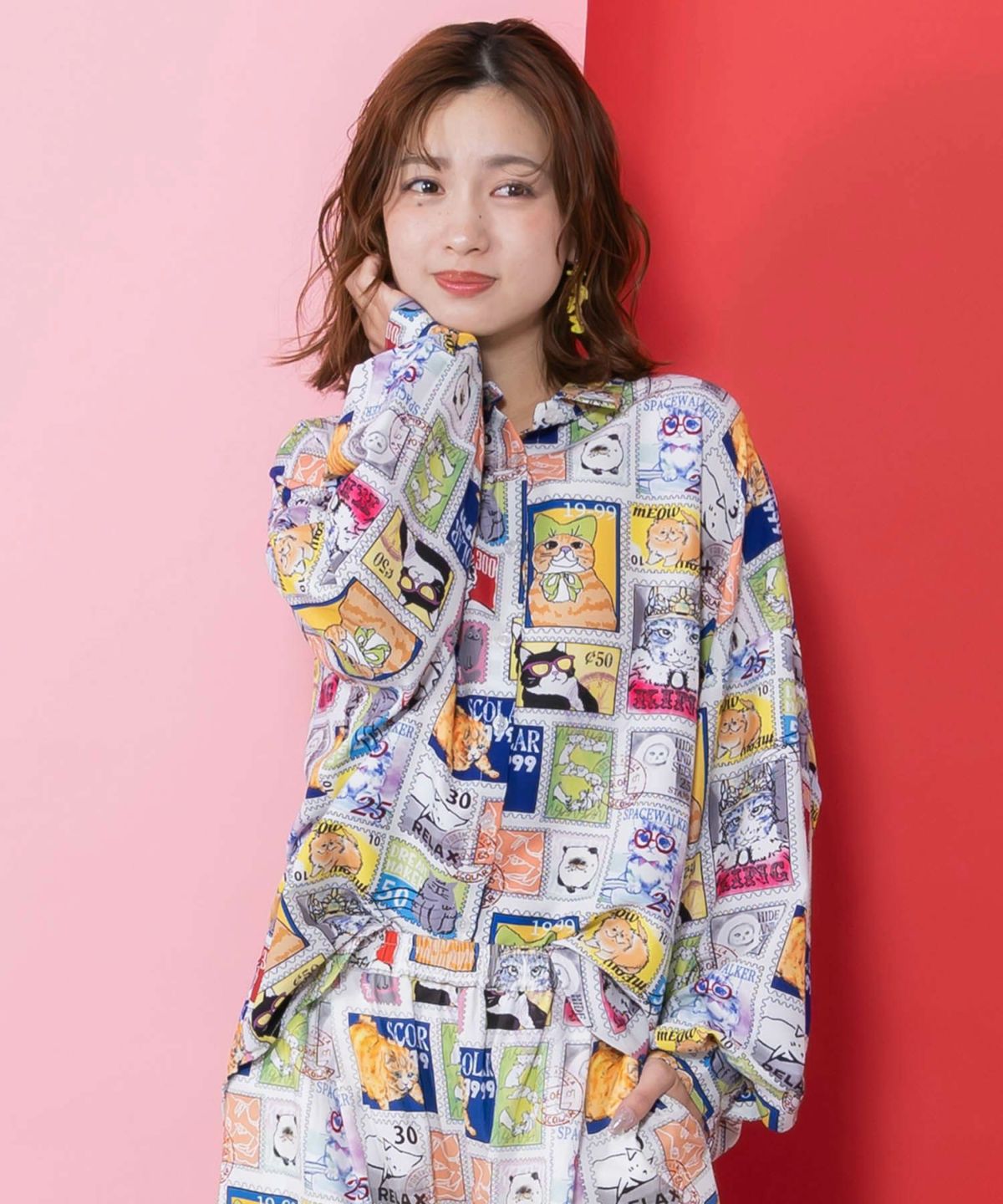 わんorにゃんスタンプ柄 ワッシャーシャツ-1