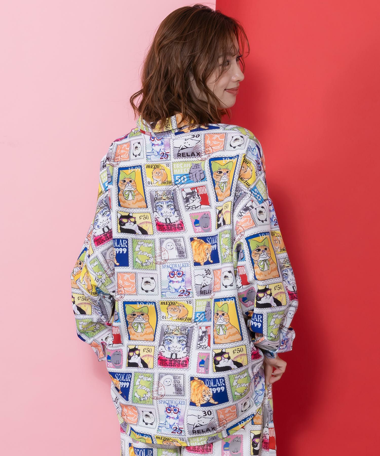 わんorにゃんスタンプ柄 ワッシャーシャツ-5