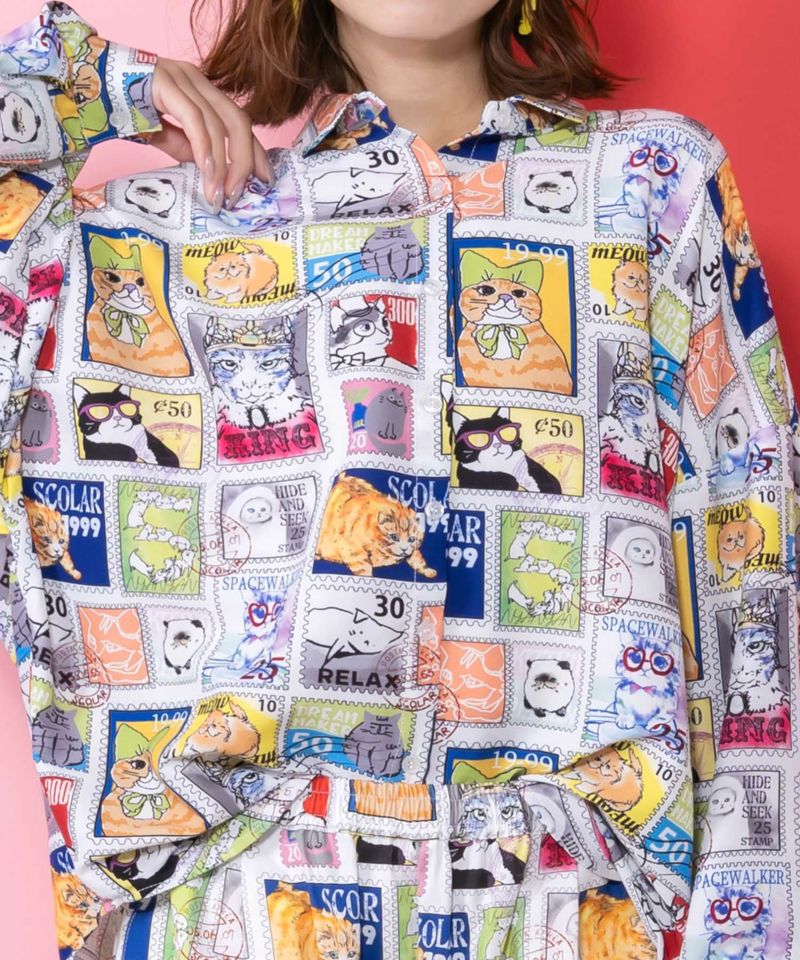 わんorにゃんスタンプ柄 ワッシャーシャツ-7