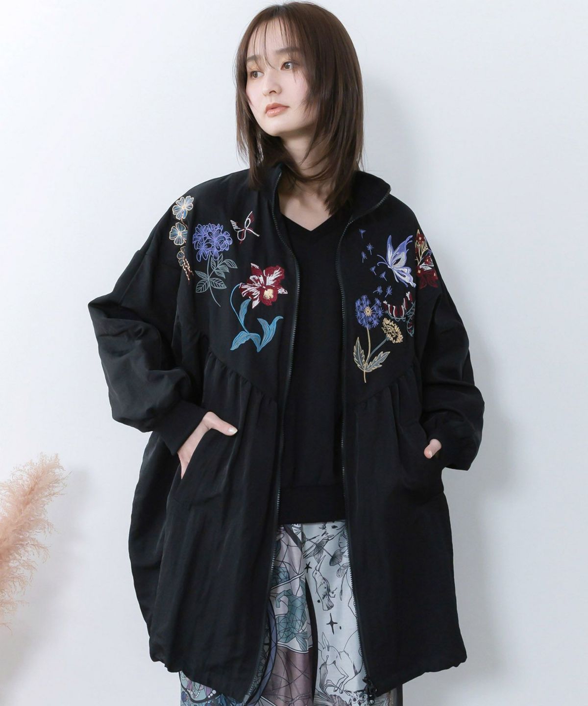 リボン×花刺繍ドルマンスリーブブルゾン-1