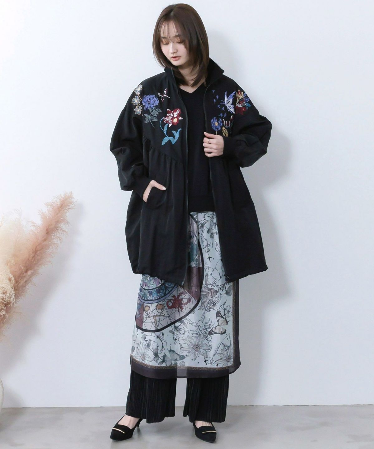 リボン×花刺繍ドルマンスリーブブルゾン-2