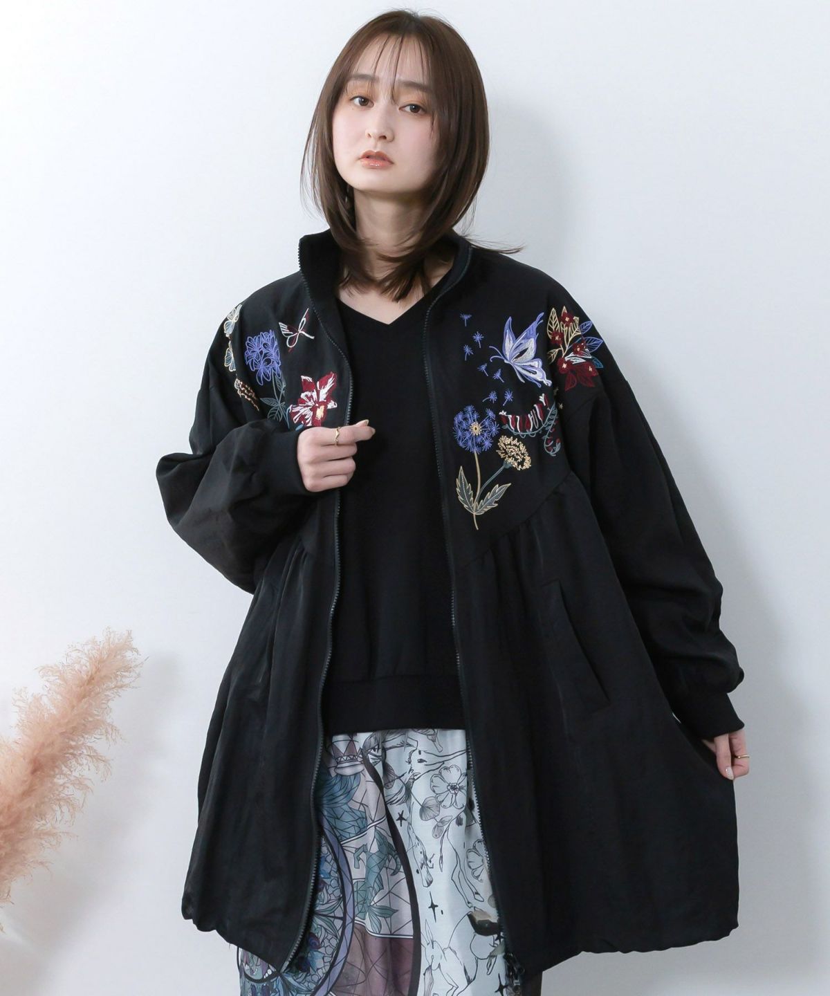 リボン×花刺繍ドルマンスリーブブルゾン-3