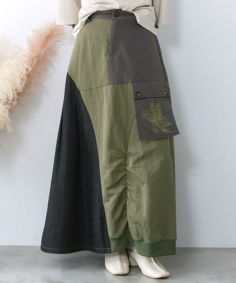 蝶鍵モチーフ刺繍 ナイロン×デニム切替配色スカート-1
