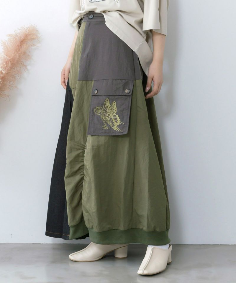 蝶鍵モチーフ刺繍 ナイロン×デニム切替配色スカート-4