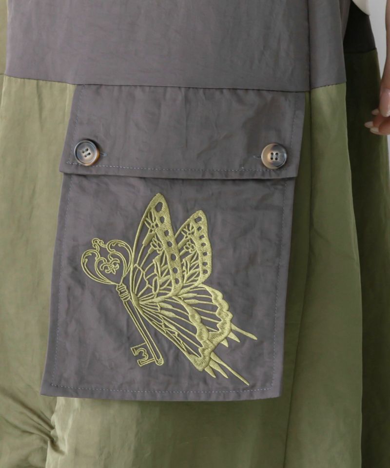 蝶鍵モチーフ刺繍 ナイロン×デニム切替配色スカート-8