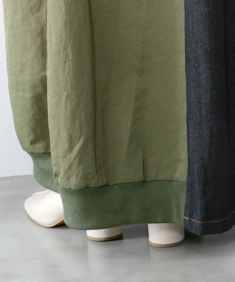 蝶鍵モチーフ刺繍 ナイロン×デニム切替配色スカート-9