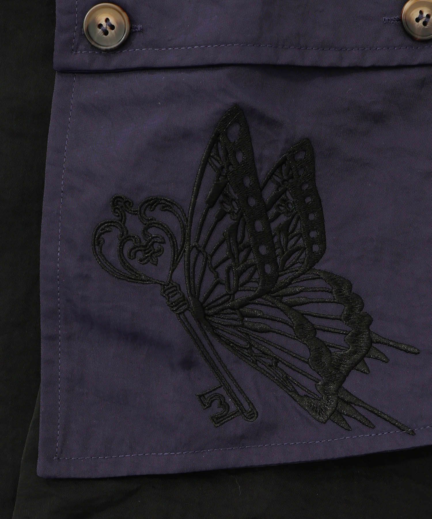 蝶鍵モチーフ刺繍 ナイロン×デニム切替配色スカート-11