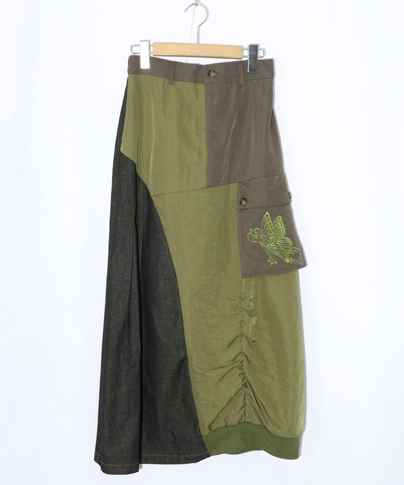 蝶鍵モチーフ刺繍 ナイロン×デニム切替配色スカート-12