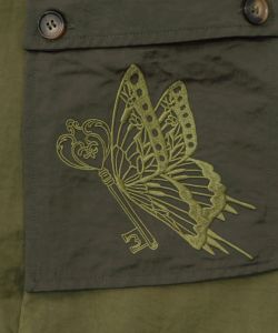 蝶鍵モチーフ刺繍 ナイロン×デニム切替配色スカート-13