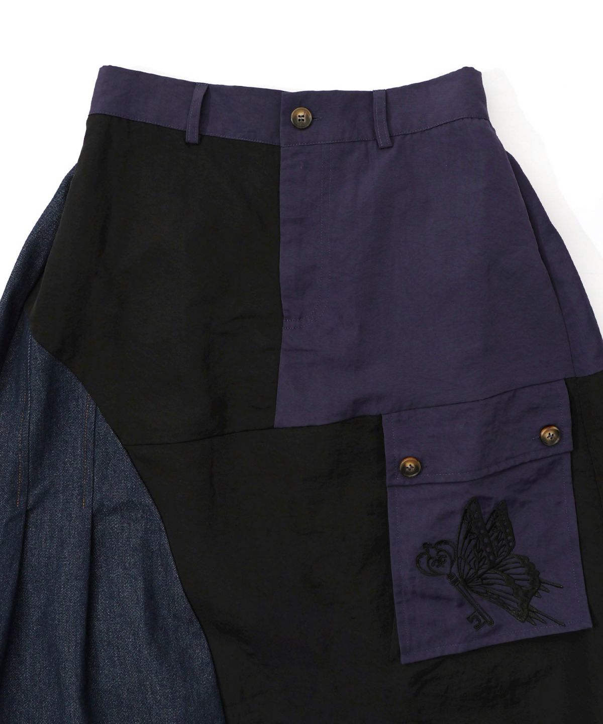 蝶鍵モチーフ刺繍 ナイロン×デニム切替配色スカート-14