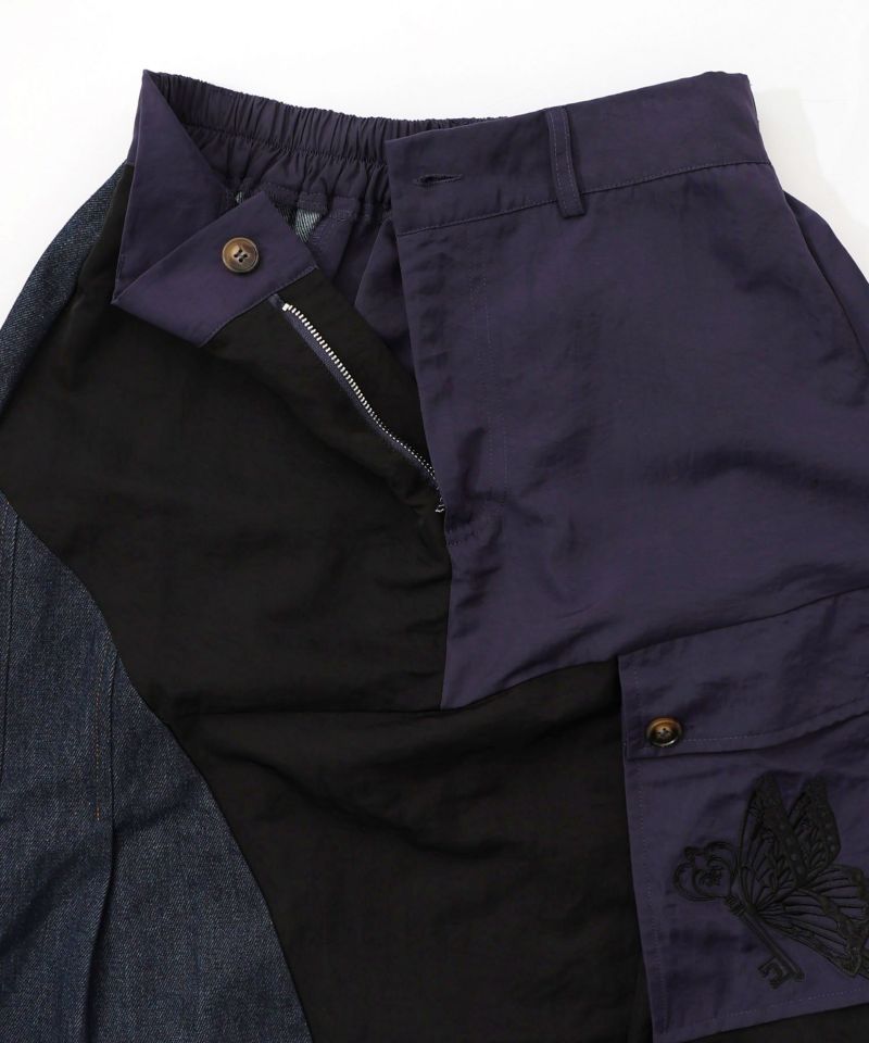 蝶鍵モチーフ刺繍 ナイロン×デニム切替配色スカート-15