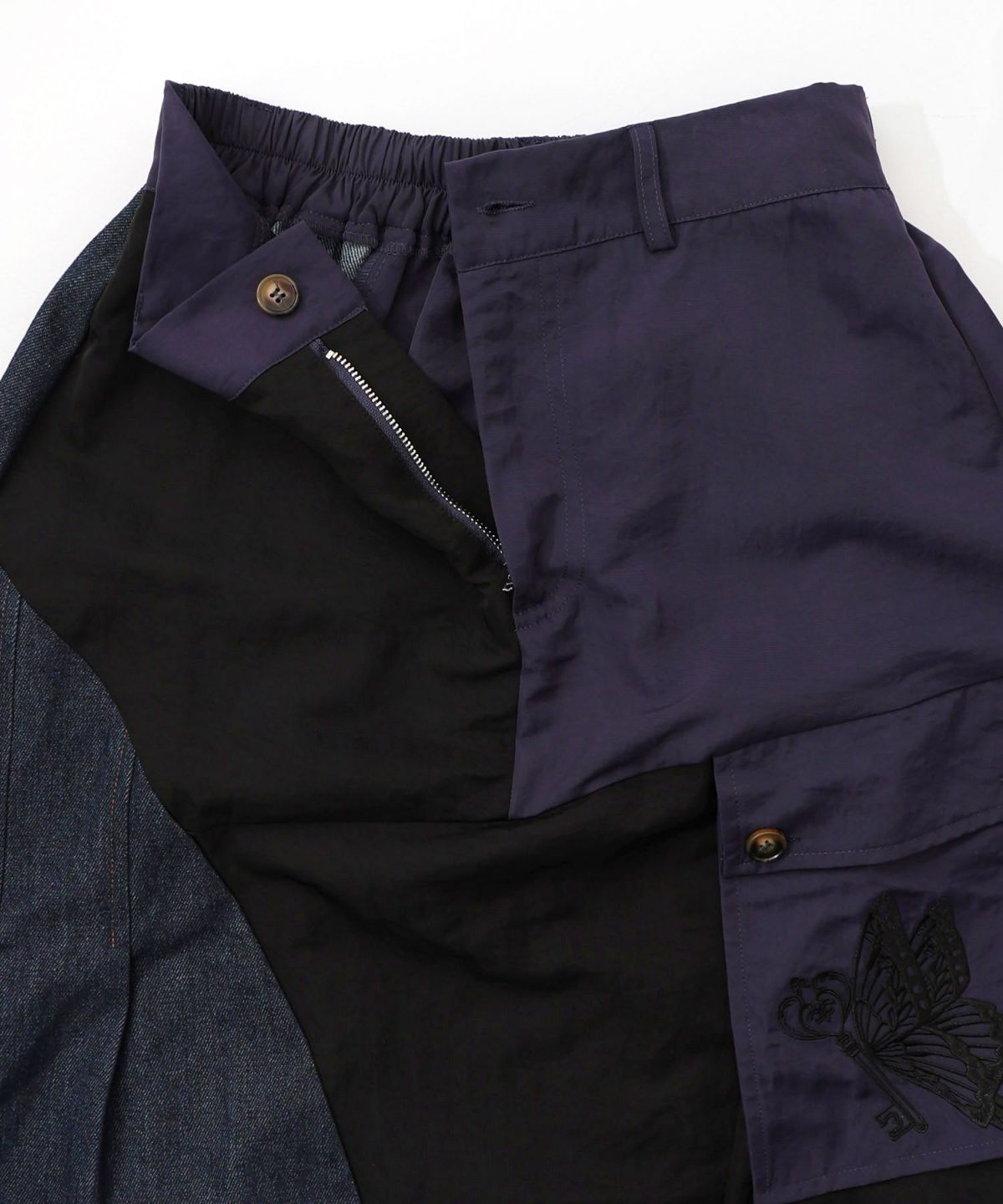 蝶鍵モチーフ刺繍 ナイロン×デニム切替配色スカート-15