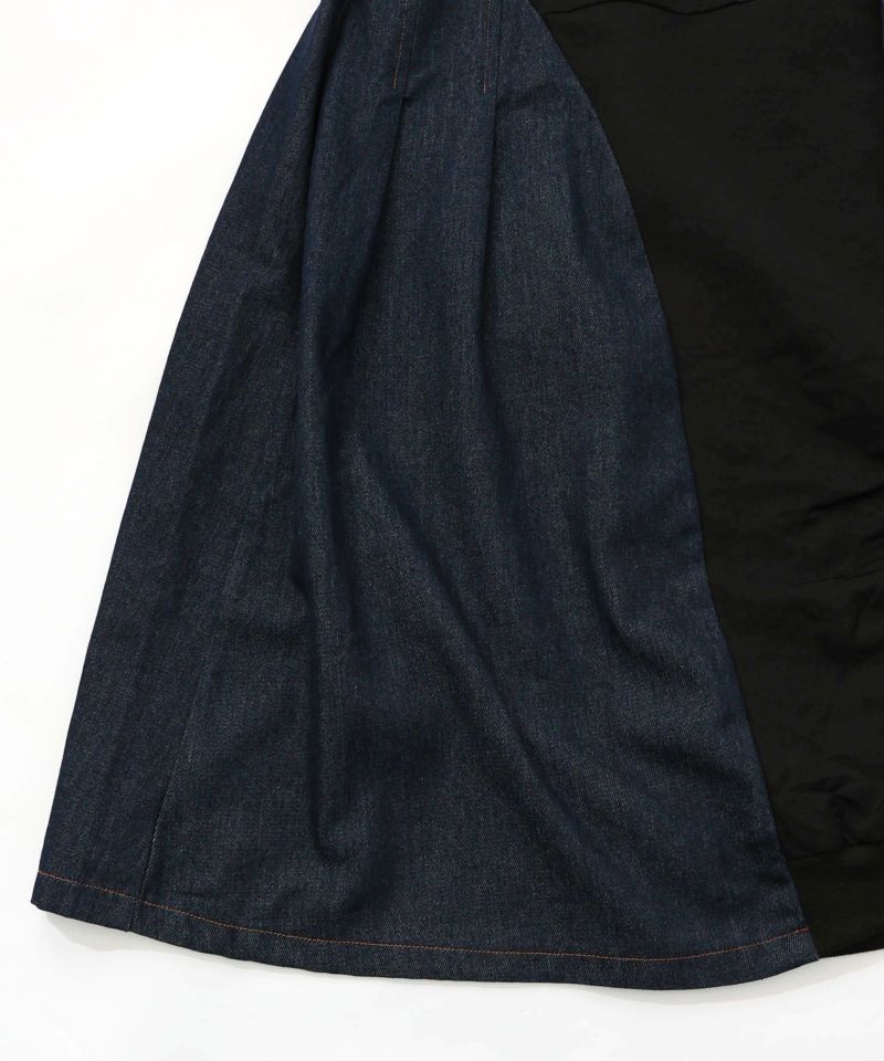 蝶鍵モチーフ刺繍 ナイロン×デニム切替配色スカート-16