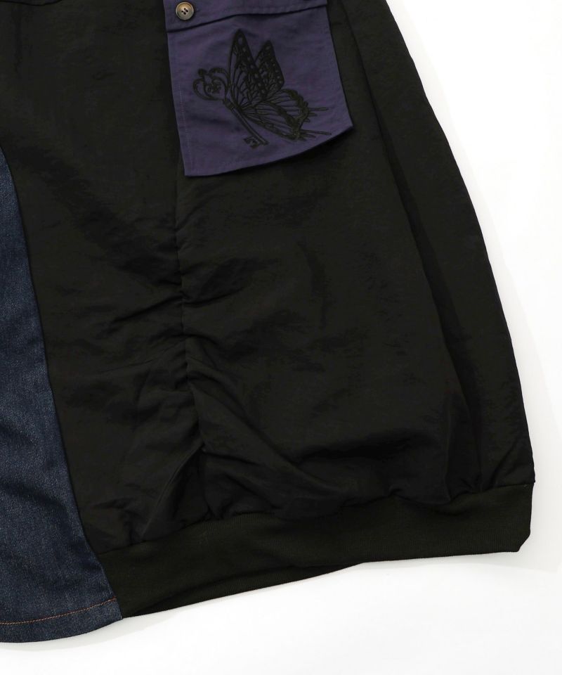 蝶鍵モチーフ刺繍 ナイロン×デニム切替配色スカート-17
