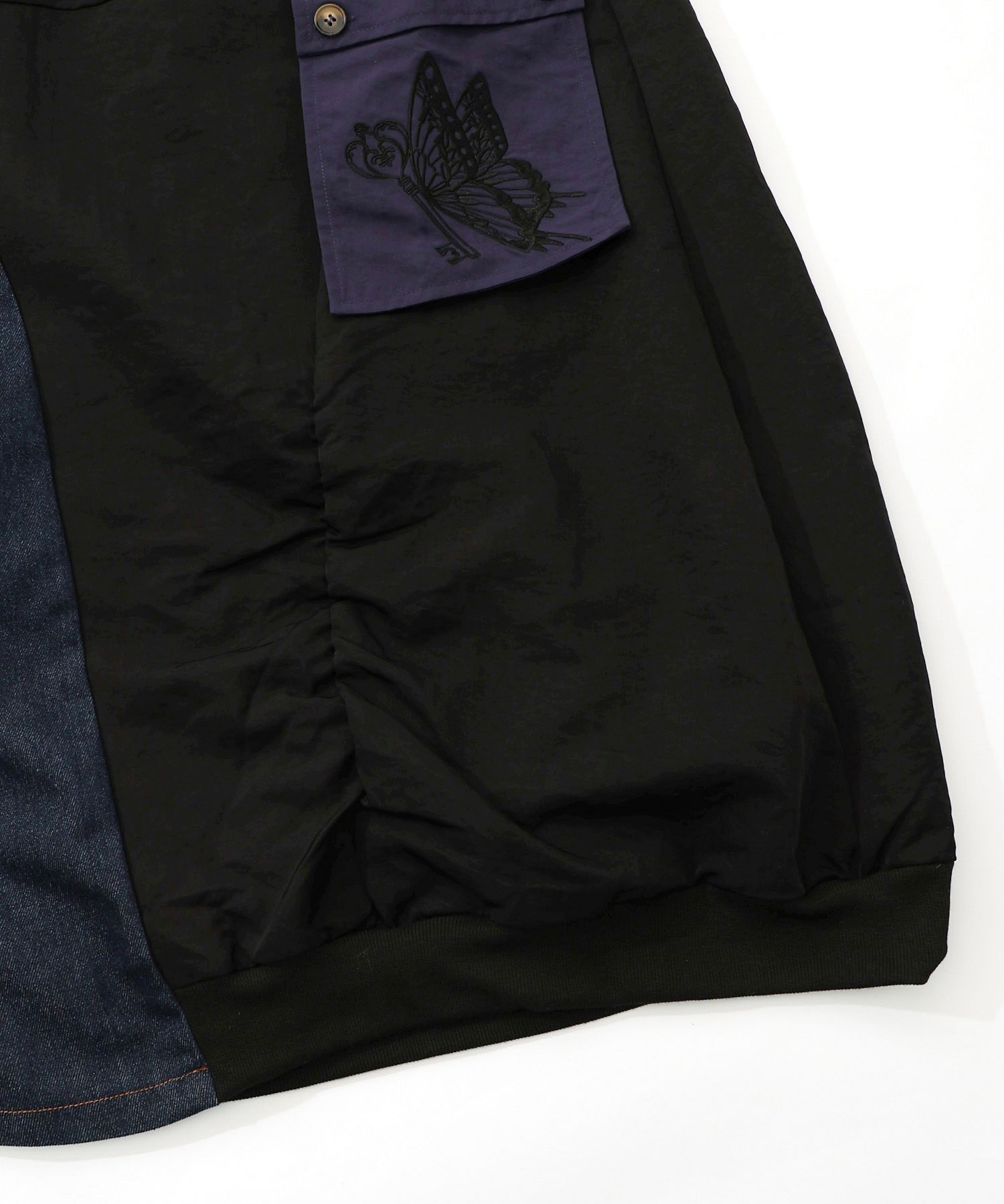 蝶鍵モチーフ刺繍 ナイロン×デニム切替配色スカート-17