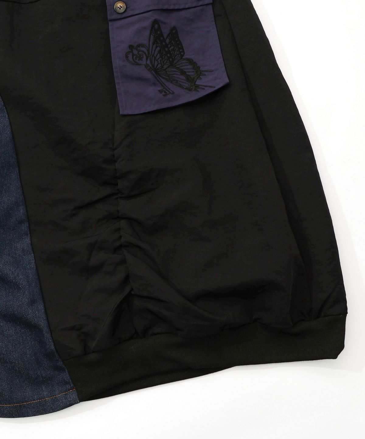 蝶鍵モチーフ刺繍 ナイロン×デニム切替配色スカート-17