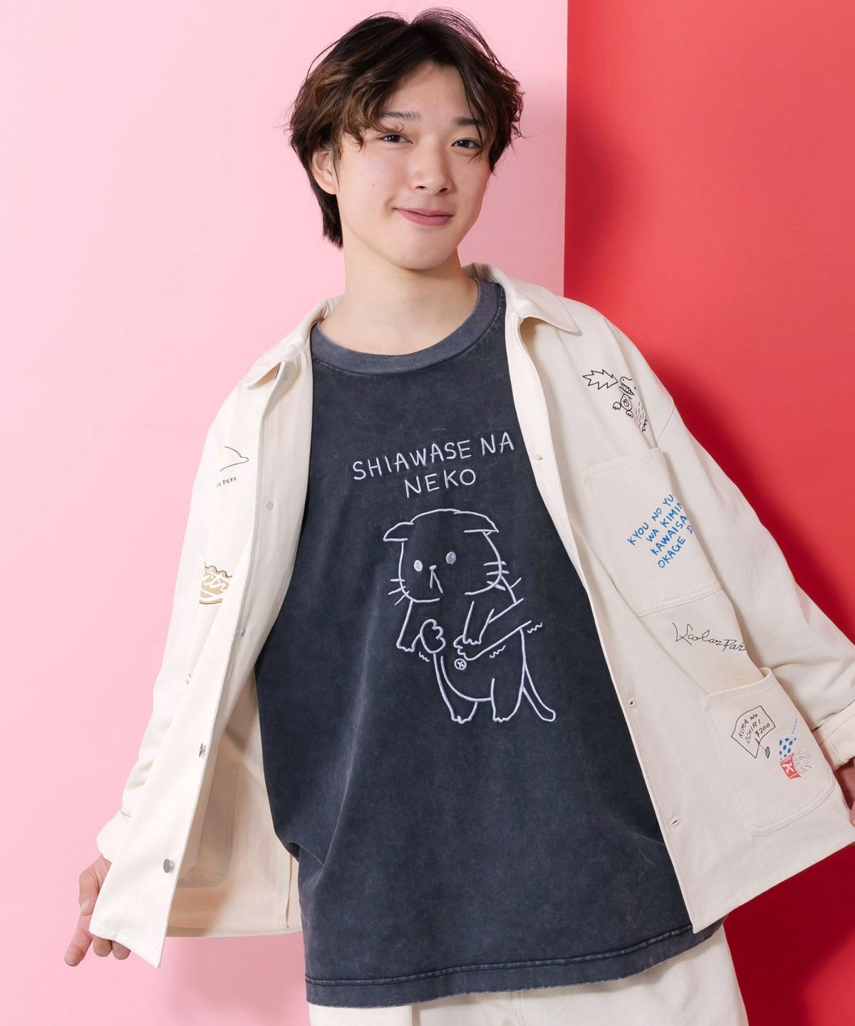 正月太りネコ柄刺繍ヴィンテージ風プルオーバー-8