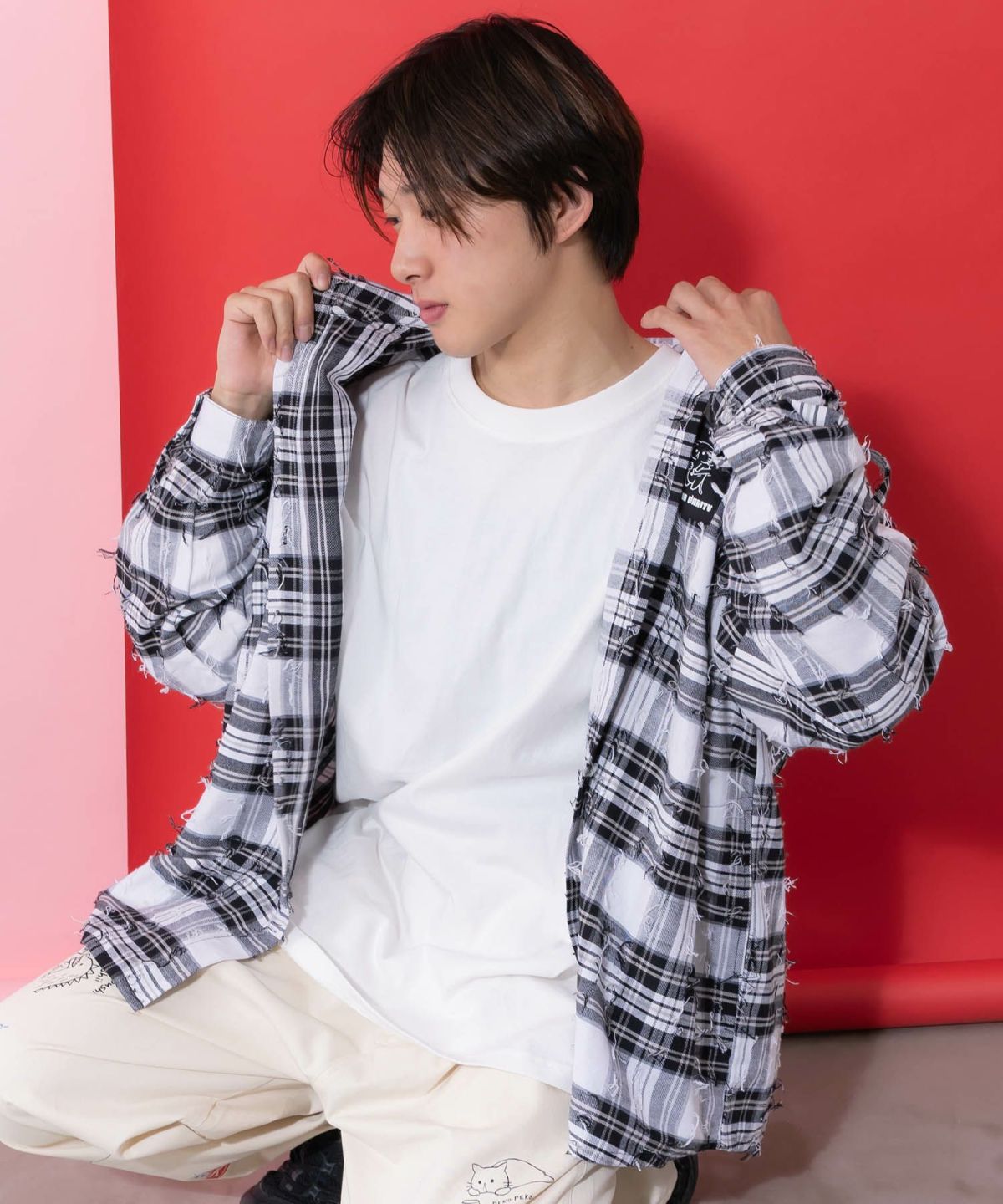 正月太りネコ柄デニムorチェックシャツパーカー-6