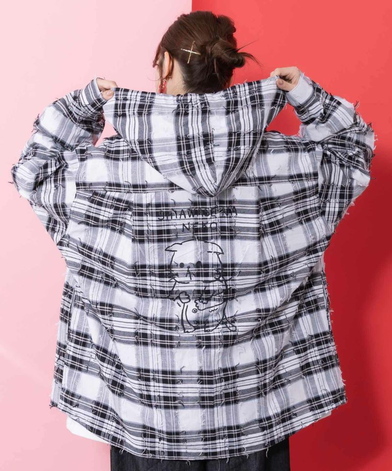 正月太りネコ柄デニムorチェックシャツパーカー-12