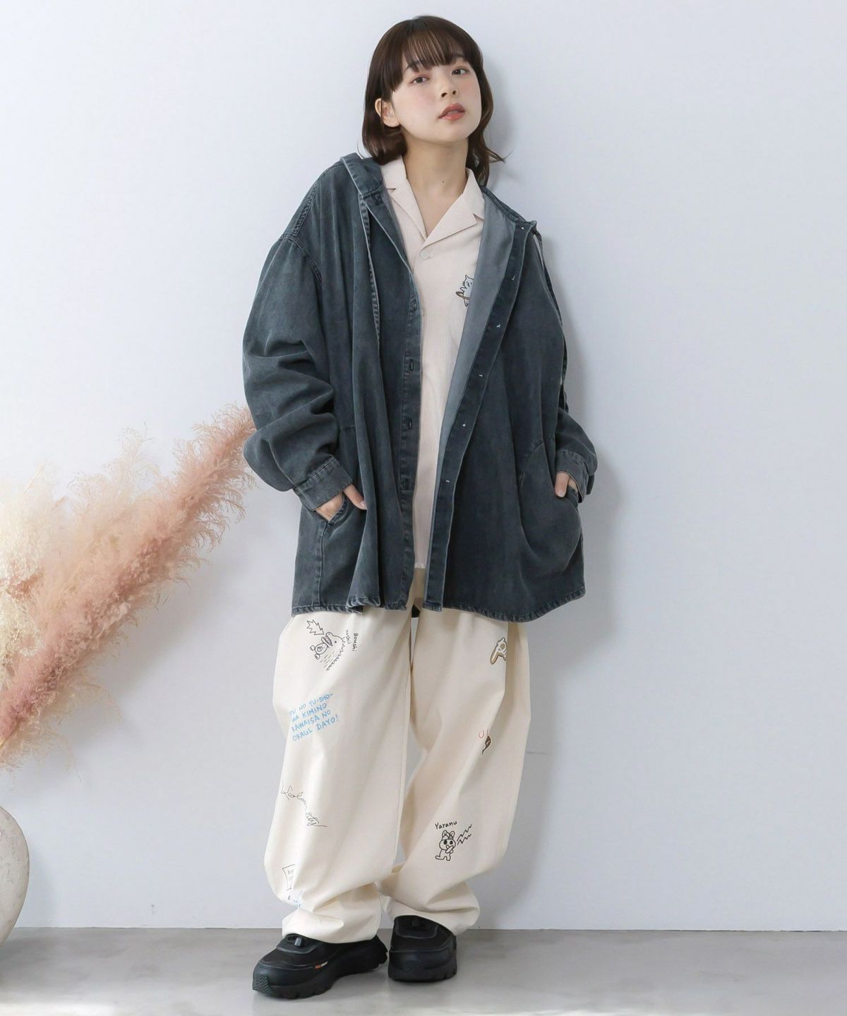 正月太りネコ柄デニムorチェックシャツパーカー-15