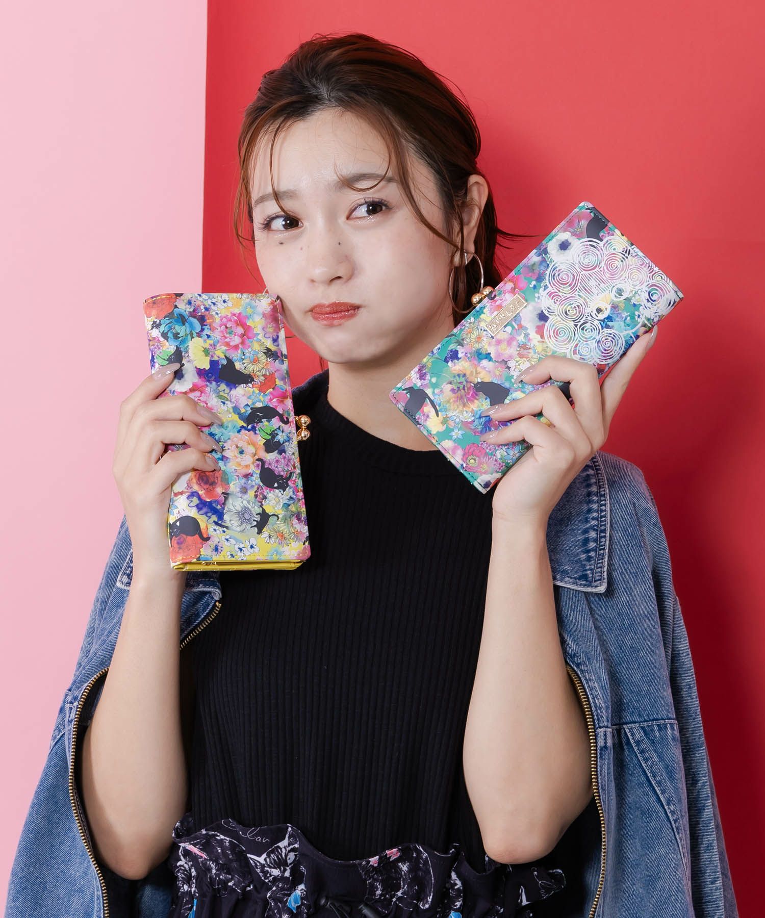 SC80-12：黒ネコ×スカラーちゃん 花柄長財布の通販-ScoLar