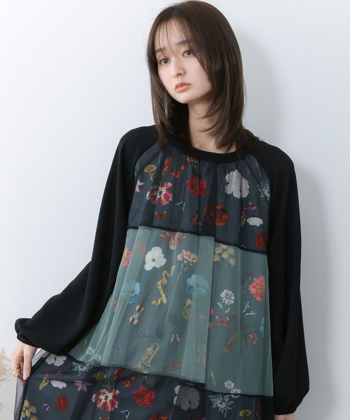 クラシカル花柄チュール重ねワンピース-2