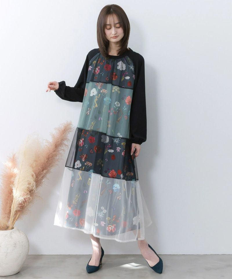 クラシカル花柄チュール重ねワンピース-3