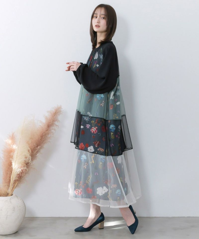 クラシカル花柄チュール重ねワンピース-4