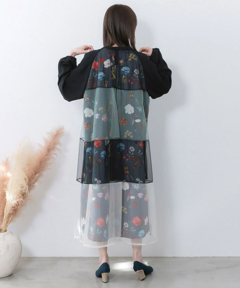 クラシカル花柄チュール重ねワンピース-5