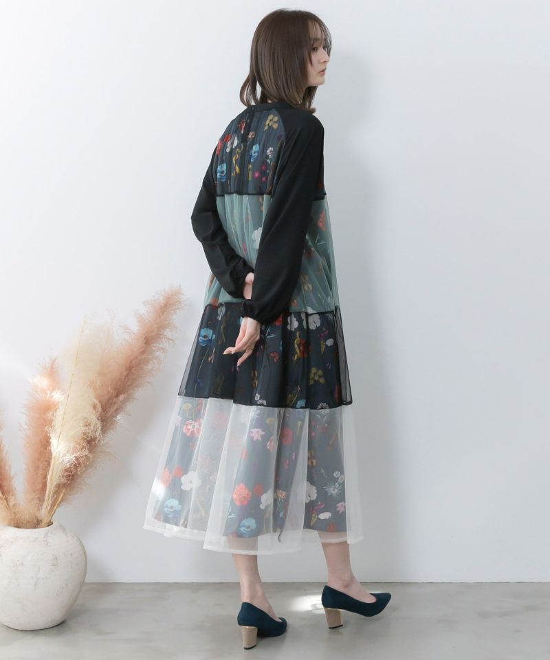 クラシカル花柄チュール重ねワンピース-6