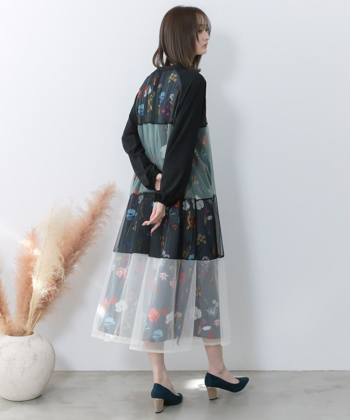クラシカル花柄チュール重ねワンピース-6