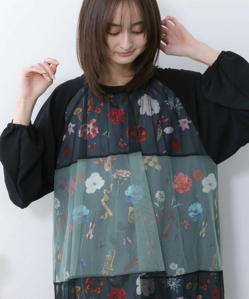 クラシカル花柄チュール重ねワンピース-7