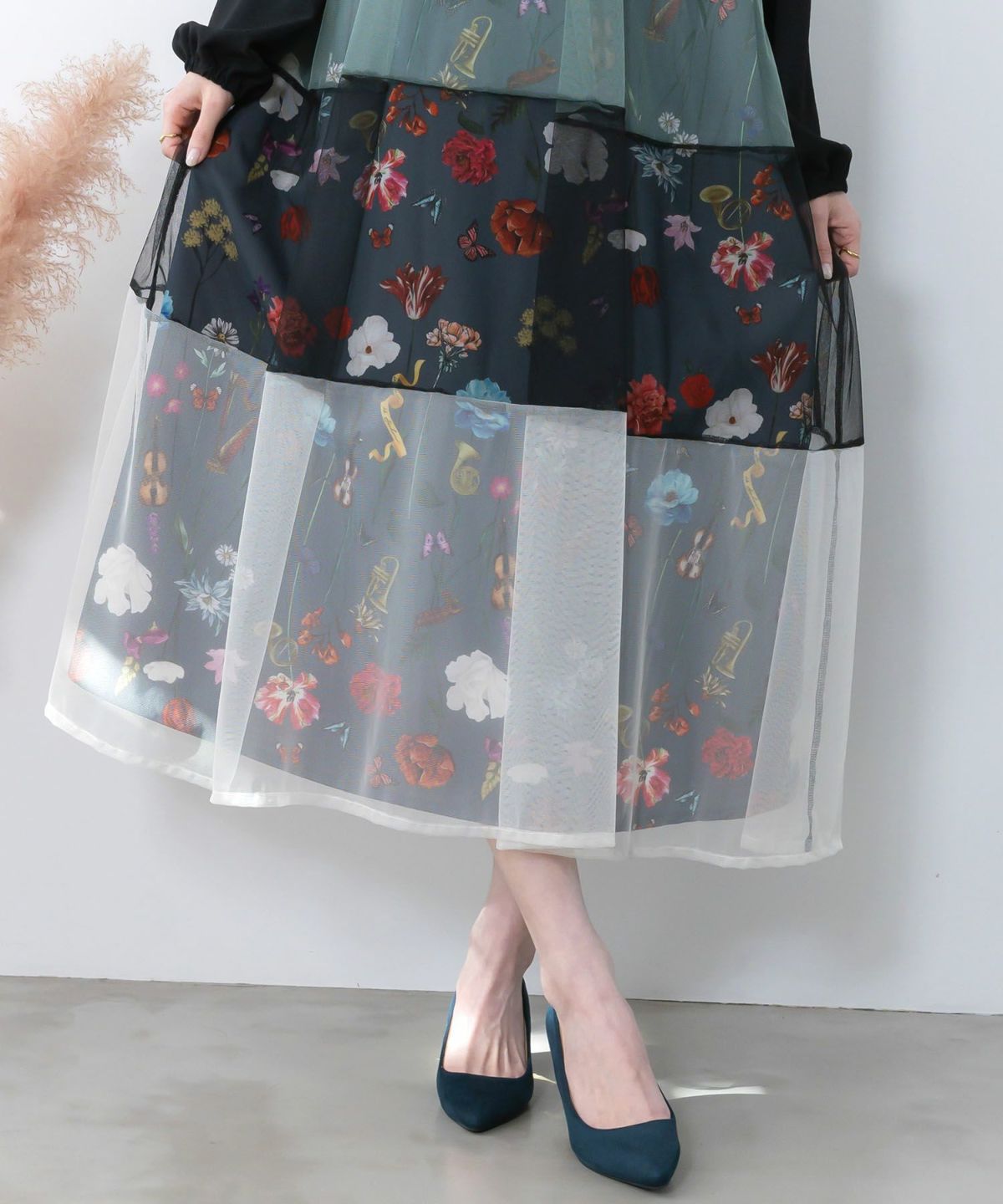 クラシカル花柄チュール重ねワンピース-9