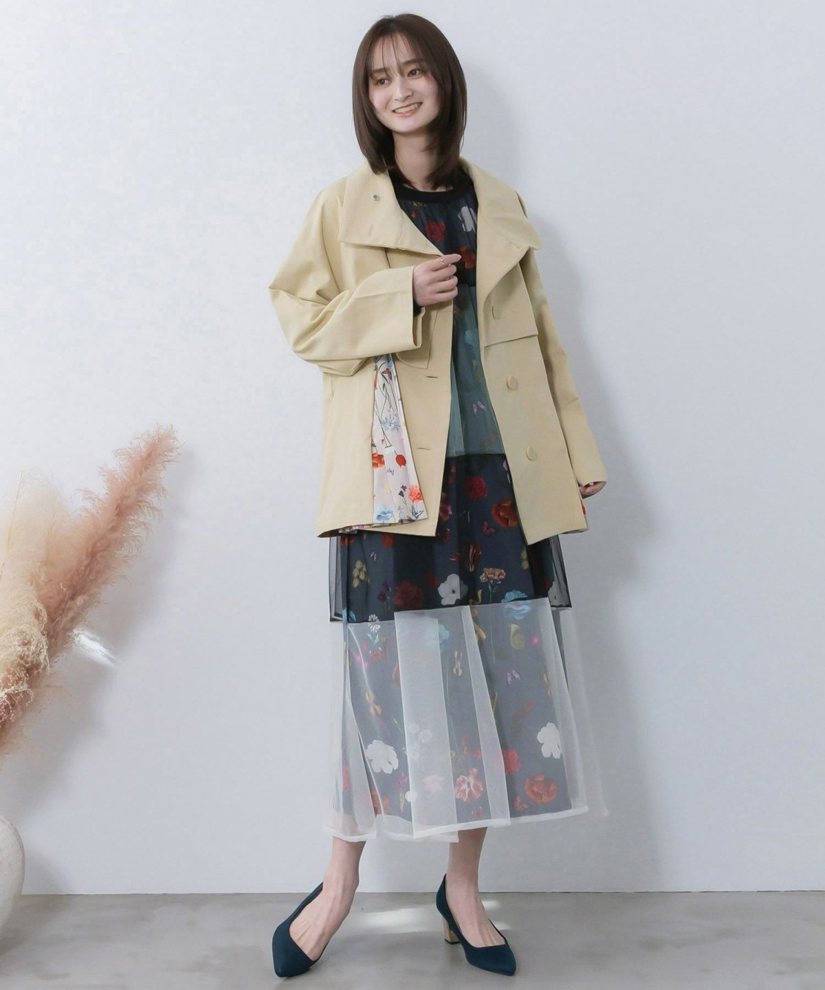 クラシカル柄プリーツ×ツイルトレンチ風コート-2