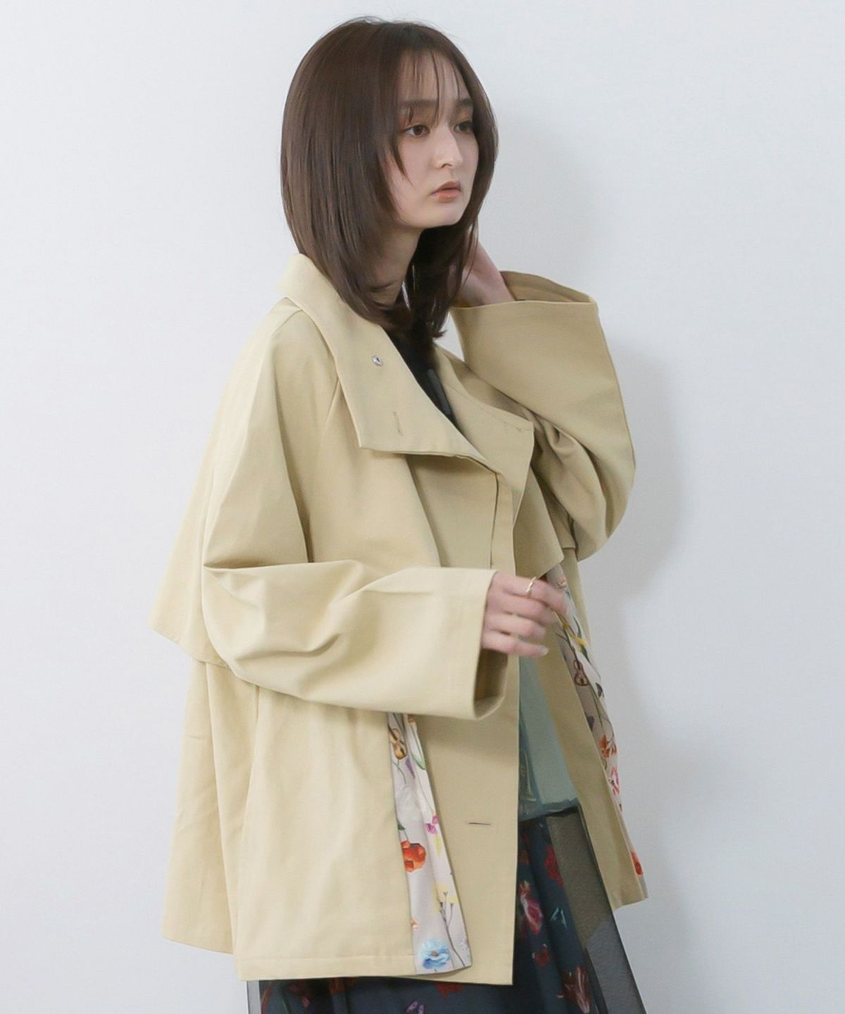 クラシカル柄プリーツ×ツイルトレンチ風コート-6