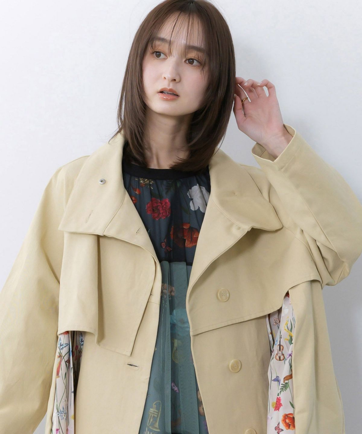 クラシカル柄プリーツ×ツイルトレンチ風コート-7