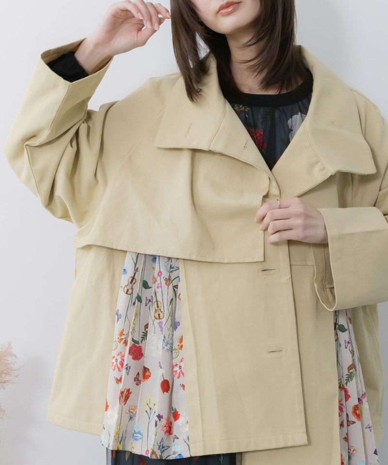 クラシカル柄プリーツ×ツイルトレンチ風コート-8