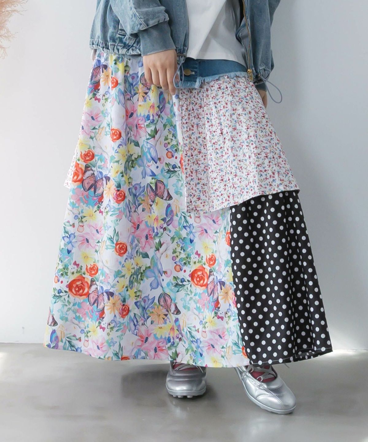 デニム×パッチワーク風 異素材切替2wayスカート-3