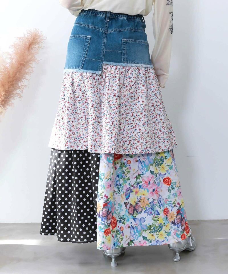 デニム×パッチワーク風 異素材切替2wayスカート-5