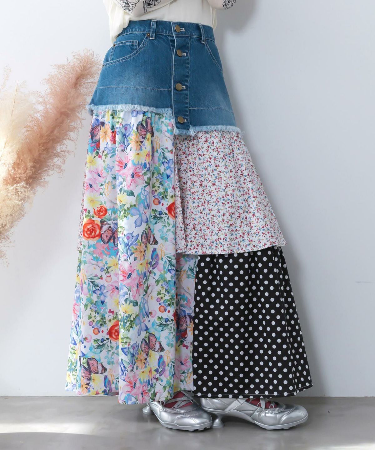 デニム×パッチワーク風 異素材切替2wayスカート-6