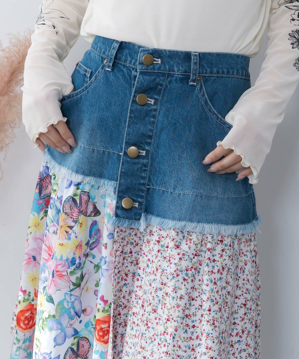 デニム×パッチワーク風 異素材切替2wayスカート-7