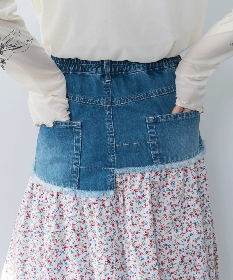 デニム×パッチワーク風 異素材切替2wayスカート-8