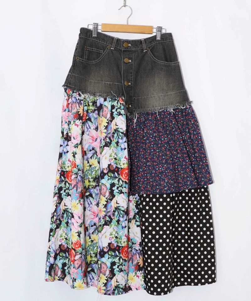 デニム×パッチワーク風 異素材切替2wayスカート-13